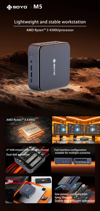 Mini PC SOYO M5 Mini AMD Ryzen 3 4300U LPDDR4 16GB RAM 512GB ROM Wifi 5 BT5.0 Windows 11 Pro Desktop Computer