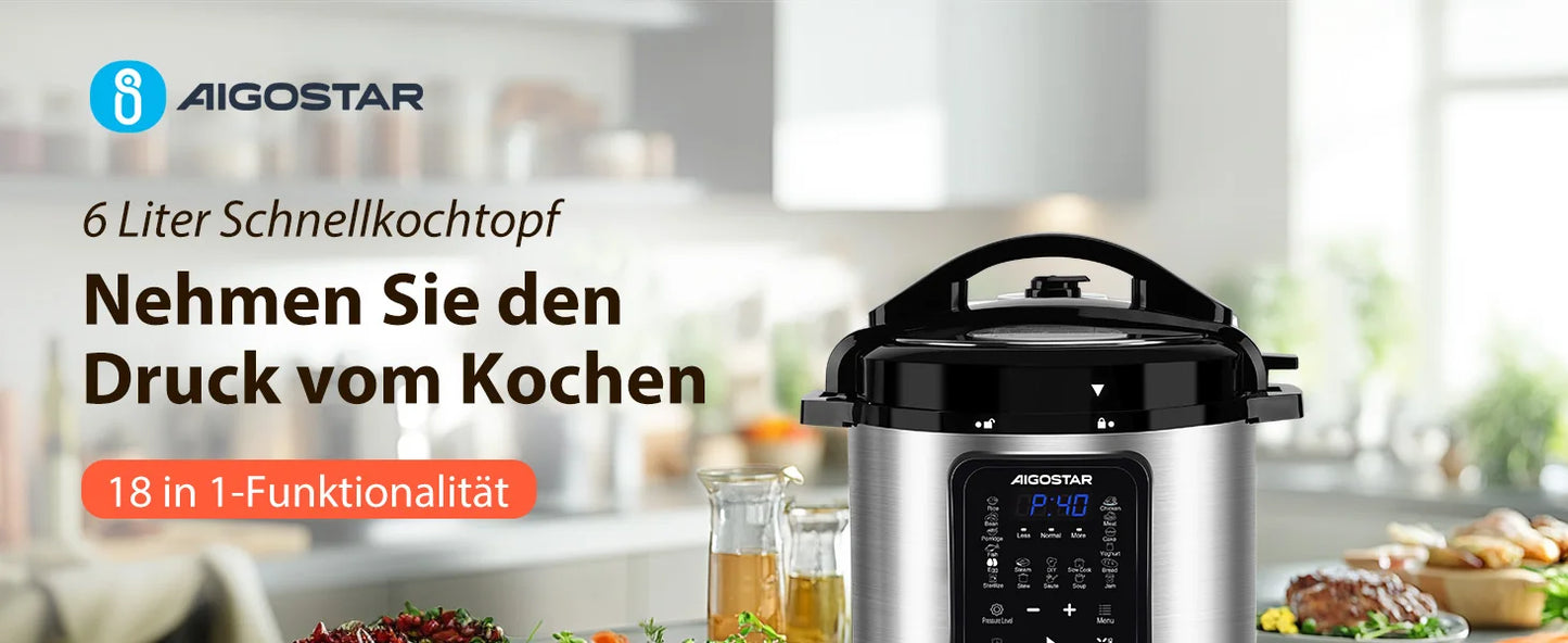 Aigostar Pressure Cooker 6L, 18-in-1 Multicooker, Keep Warm, Non-Stick Coating, Easy Cleaning, Digital Touchscreen, 1000W Pressu
