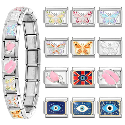 Fashion Drip Glaze Blue Eyes Colorful Butterfly Italian Charm Links Fit 9mm Stainless Steel Bracelet Jewelry DIY Making Beads