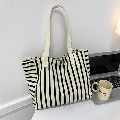 Striped Canvas Bag Beach Handbag Fashionable Women's Canvas Summer Large Capacity Shoulder Bag