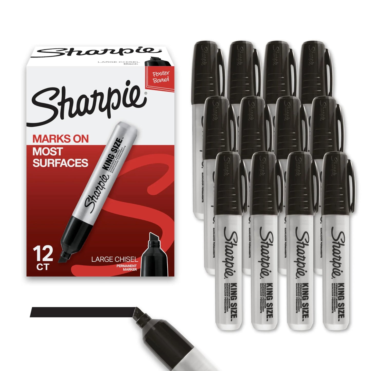 Sharpie King Size Permanent Markers, Chisel Tip, Black, 12 Count - Thick Poster Markers, Heavy Duty For Work & Industrial Use