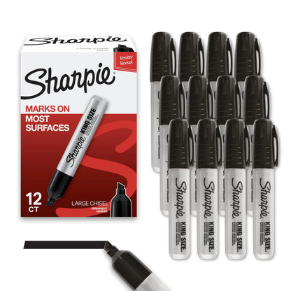Sharpie King Size Permanent Markers, Chisel Tip, Black, 12 Count - Thick Poster Markers, Heavy Duty For Work & Industrial Use