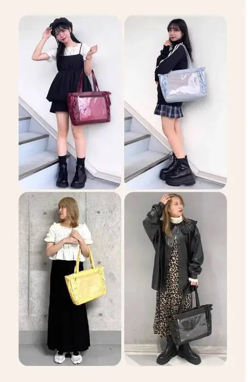 Japanese Sweet Women Ribbon Ita Bag Cute Lolita Girl Transparent Handbags Fashion Large Capacity Tote Bag Aesthetic Shoulder Bag