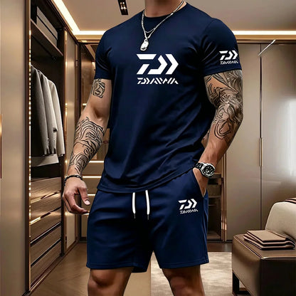 2026 Summer Men's Short Sleeved T-shirt Drawstring Shorts Set Breathable Outdoor Sports Set Men's Daily Fishing Suit