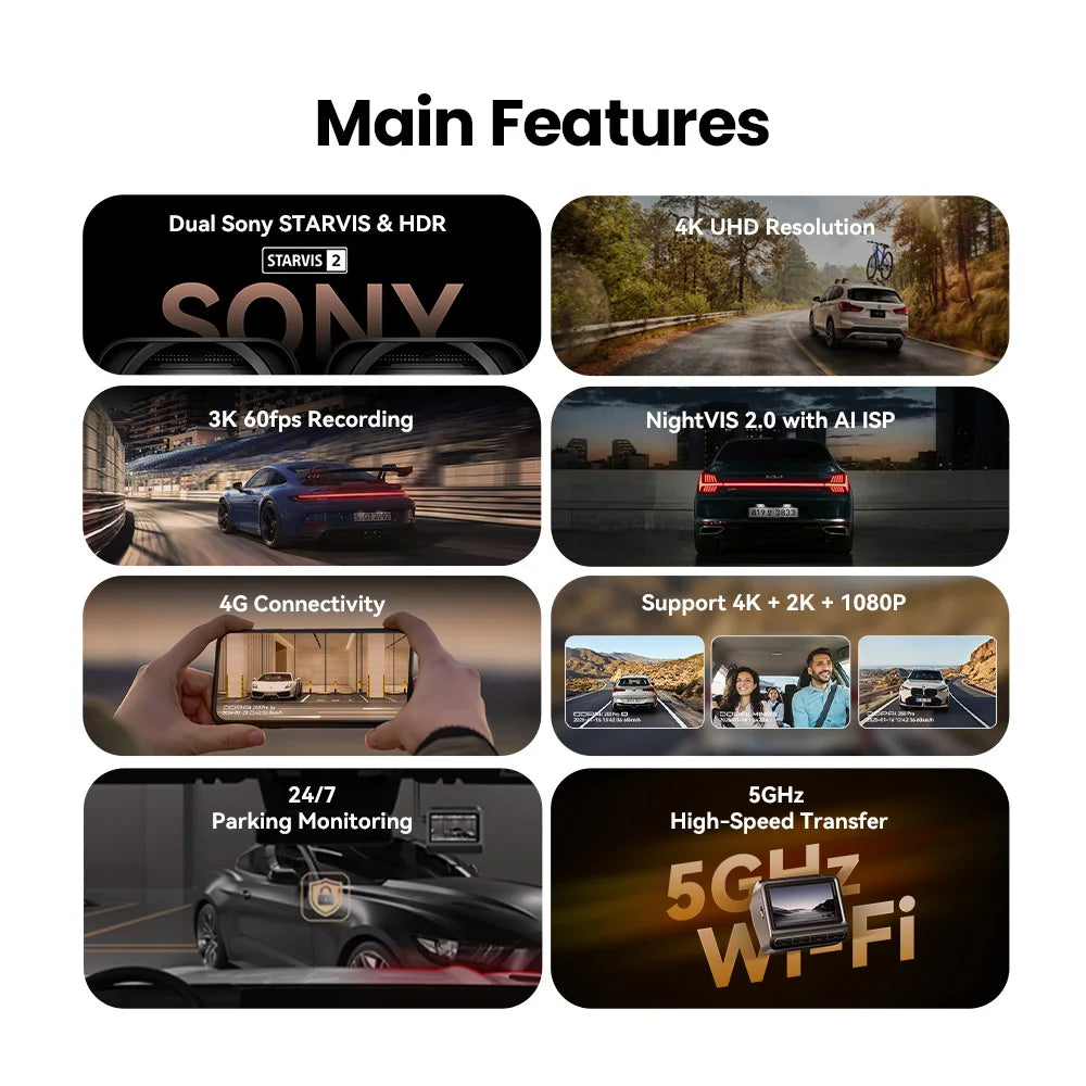 DDPAI 4K Dash Cam Z60 Pro HDR Support Front and Rear Interior Car Camera SONY STARVIS2 678 Sensor 5GHz Wi-Fi GPS ADAS 4G Car DVR
