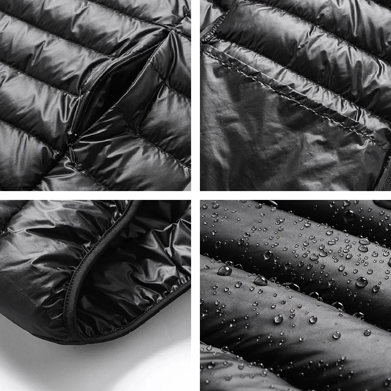 Men White Duck Down Jacket Warm Hooded Ultra Lightweight Packable Coat Winter Water and Wind-Resistant Breathable Down Jacket