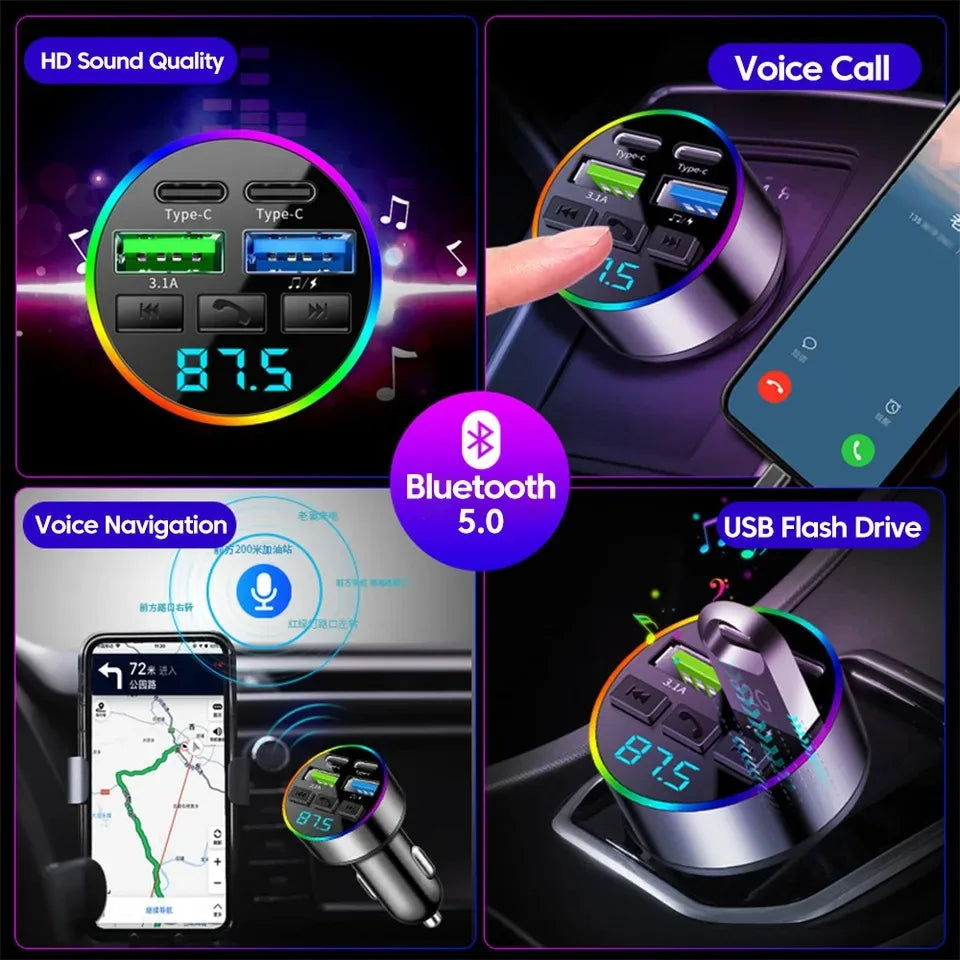 KEBIDUMEI 66W Fast Charge Bluetooth 5.0 FM Transmitter 4 Ports (Dual USB+Type-C) RGB Ambient Light Handsfree Car MP3 Player