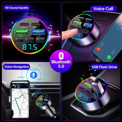 KEBIDUMEI 66W Fast Charge Bluetooth 5.0 FM Transmitter 4 Ports (Dual USB+Type-C) RGB Ambient Light Handsfree Car MP3 Player