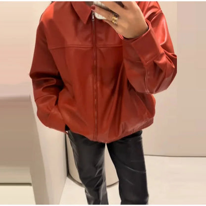 Street Women's Belt Leather Jackets Loose Lapel Zipper Long Sleeve Pockets Female Coats 2026 Autumn Lady Fashion Y2k Outwear