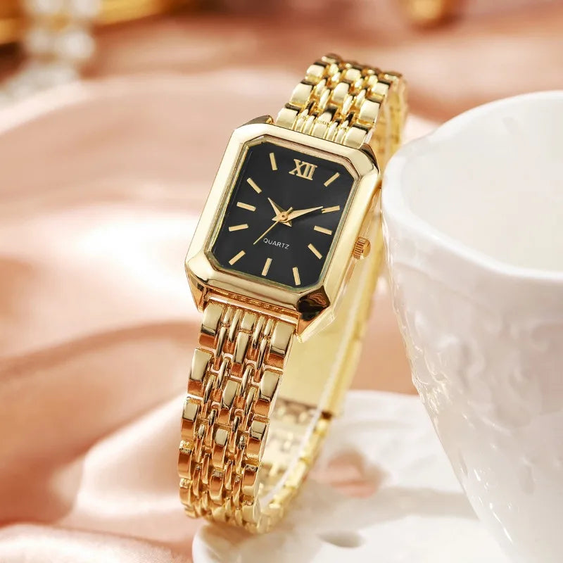 5PCS Womens Elegant Rectangle Rhinestone Quartz Watch Jewelry Set Fashion Women Watches Reloj Mujer Girl Clock Gift（Without Box）