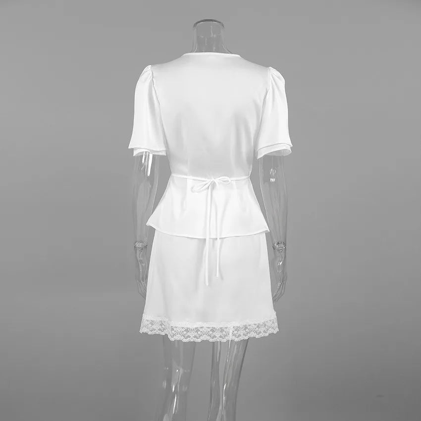 Elegant Satin Lace Patchwork Skirt Two-piece Set V Neck Short Sleeve Lace Up Tops Mini Skirts Suit 2026 New Party Daily Outfits