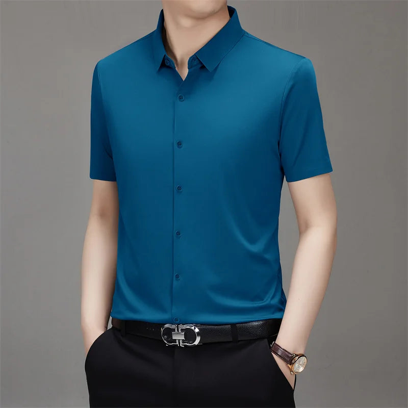 Men's Business Casual Solid Color Short Sleeve Shirt Summer Fashion No Ironing Comfortable Versatile Top for Men