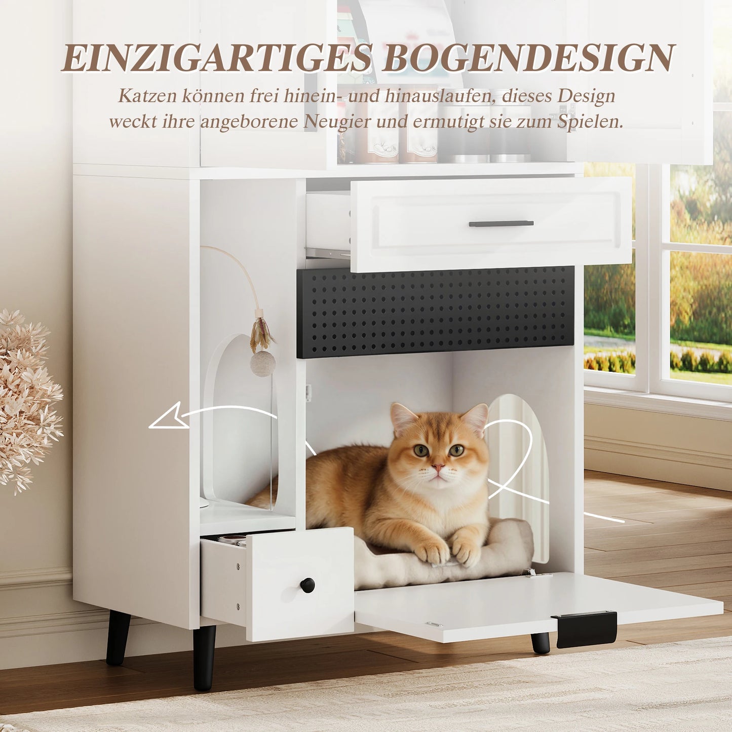 Multifunctional Cat Storage Cabinet with Stable Construction, Adjustable Shelves, Drawers, and Cat Bed Area – Cozy Activity Space for Cats, Pet Furniture with Arch Openings