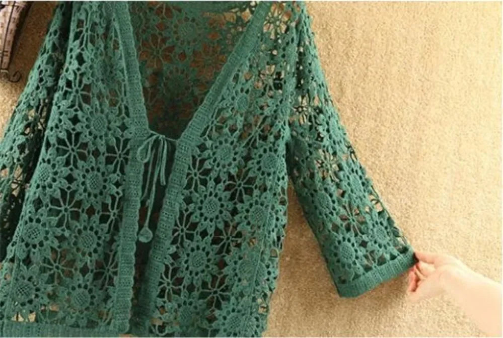 Elegant Summer Hollow Lace Cardigan Sweater Women Wide Loose Floral Knitted Sweater Thin Section Female Spring Autumn Cardigan