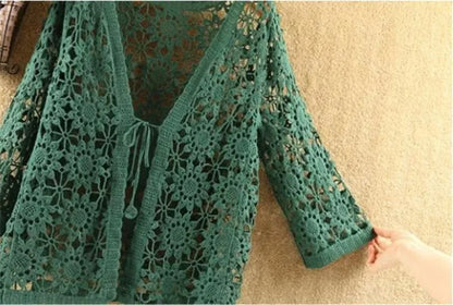 Elegant Summer Hollow Lace Cardigan Sweater Women Wide Loose Floral Knitted Sweater Thin Section Female Spring Autumn Cardigan