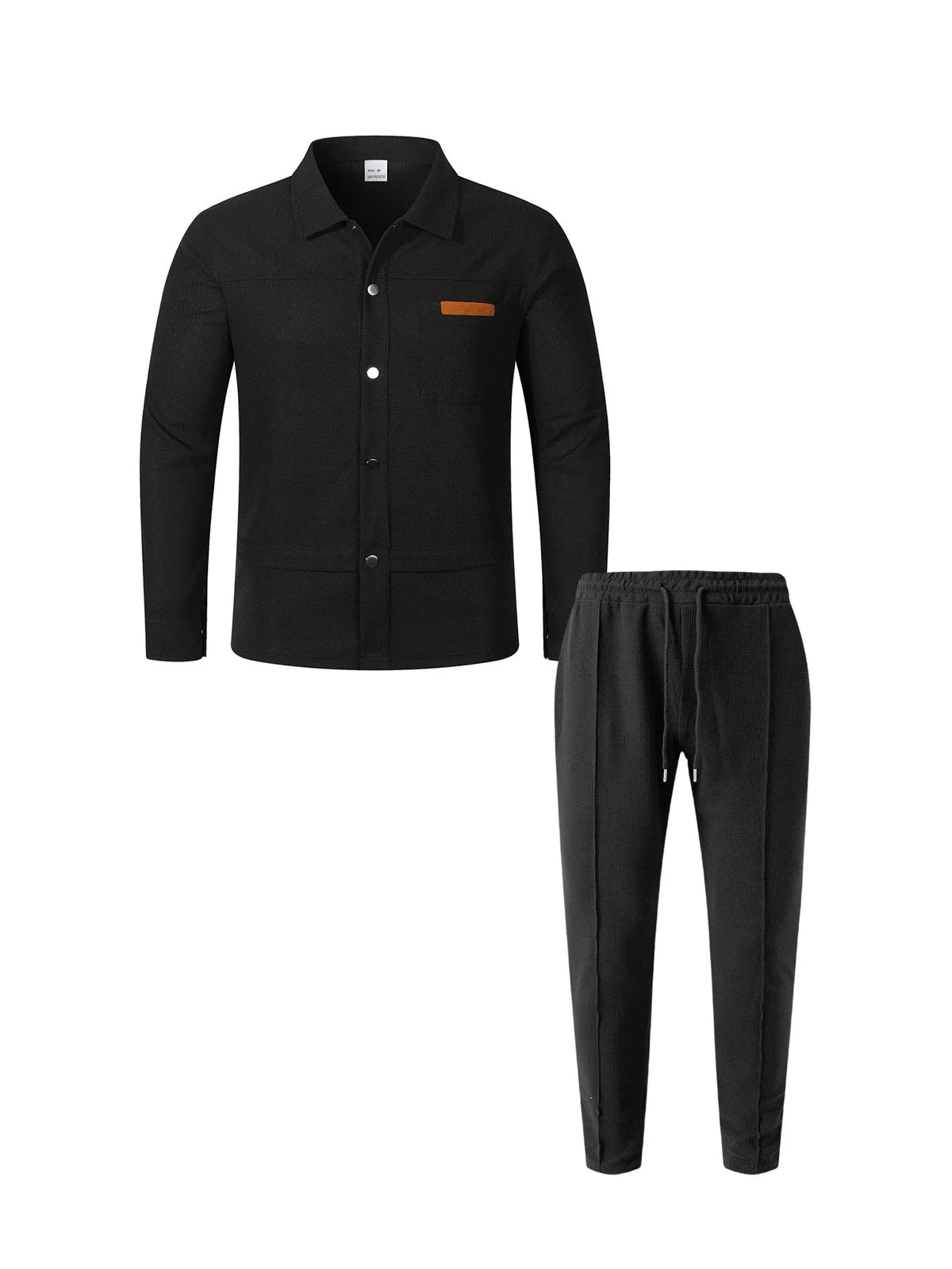 2026 Men's New Style Waffle Plain Color Collar Button-Down Pockets Long-Sleeved Pants Casual Jacket Set