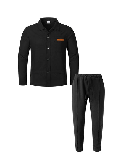 2026 Men's New Style Waffle Plain Color Collar Button-Down Pockets Long-Sleeved Pants Casual Jacket Set