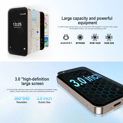 SERVO 15SE Mini Pocket Smartphone 3G WCDMA Dual SIM Android System 3.0" Display 2GB+16GB WiFi Hotspot GPS Face Unlock Bluetooth Play Store Type-C Camera Flashlight Small Palm Mobile Phones