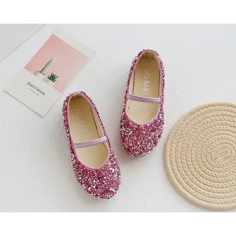 2025 Spring 1 to 12 years old girls dress shoes Beauty Pointed Toe Teen Girl Leather Shoes Bling Princess Wedding Shoes