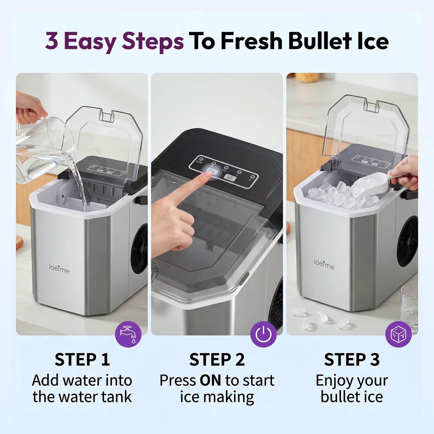LOEFME Portable Bullet Ice Maker 12KG/24H Countertop Ice Machine 9 Cubes in 6 Min Auto Clean 2 Ice Sizes with Handle