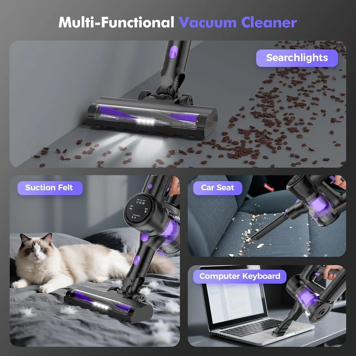 Cordless Vacuum Cleaner, 40KPa/50Mins/3 Modes, Cordless Stick Vacuum with LED Display & Foldable Lightweight Design, Rechargeable Handle Cleaners for Home, Pet Hair, Carpet, Hard Floor