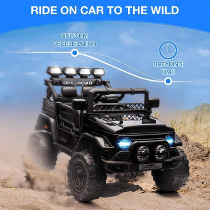 HAUSPROFI 12V Off-Road Ride-On Electric Car Toys for 3+ Years,With LED Lights,Remote Control,Seat Belt ,Bluetooth, 3-Speeds, Suspension