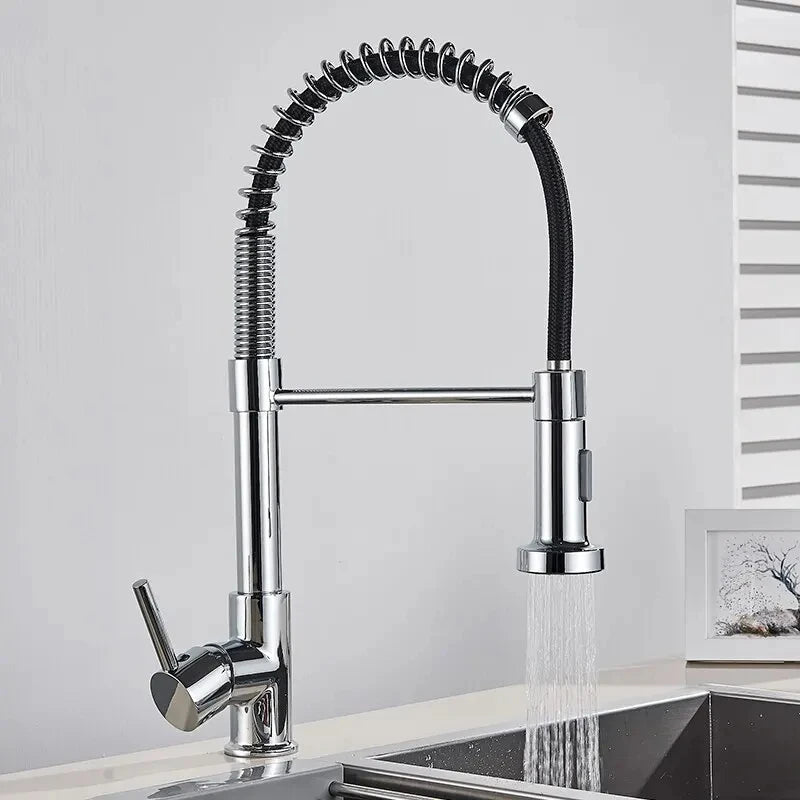 Kitchen Faucets Brush Brass Faucets for Kitchen Sink Single Lever Pull Out Spring Spout Mixers Tap Hot Cold Water Crane