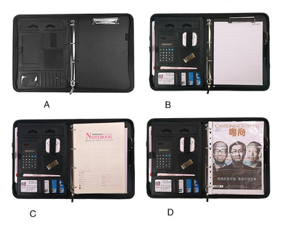 PU leather A4 zipper calculator binder conference file pad folder briefcase tablet portable circular handle file bag