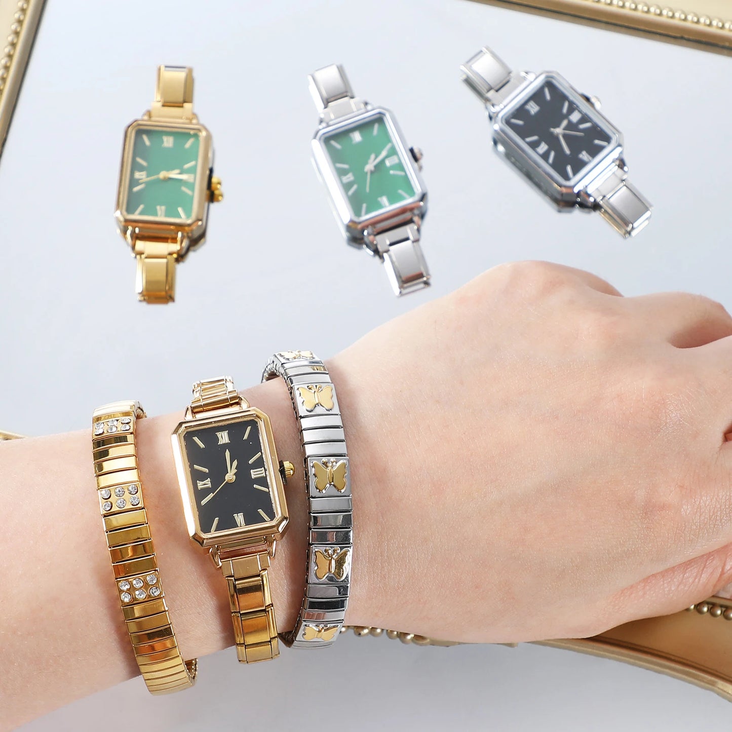 Fashion High Quality Men Women's Stainless Steel Square Round Shiny Zircon Watch Bracelet For Friend Birthday DIY Jewelry Gift