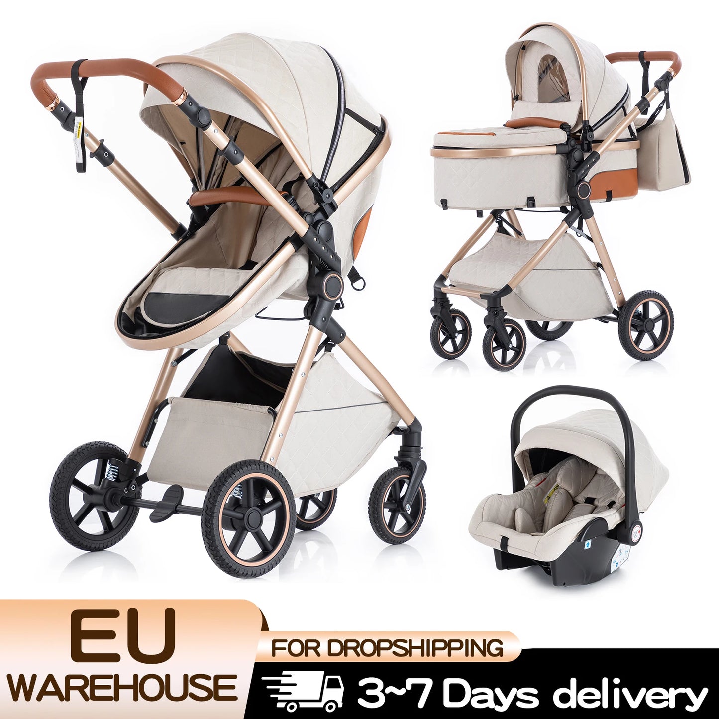 Luxury Baby Stroller 3 in1 Portable Baby Carriage Folding Prams High Landscape Car for Newborn Baby Adjustable Handle travel