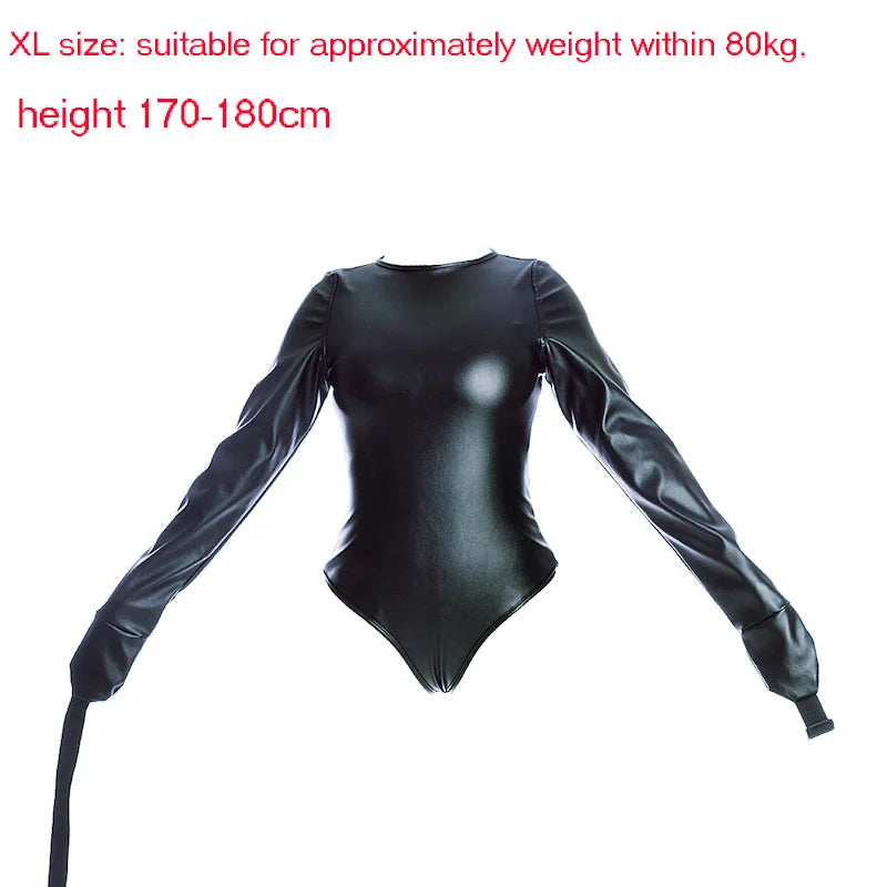 Leather Long Sleeve Bodysuit Straight Jacket with Crotch Strap,SM Game Bondage Armbinder Harness,Slave Role Costume BDSM Sex toy