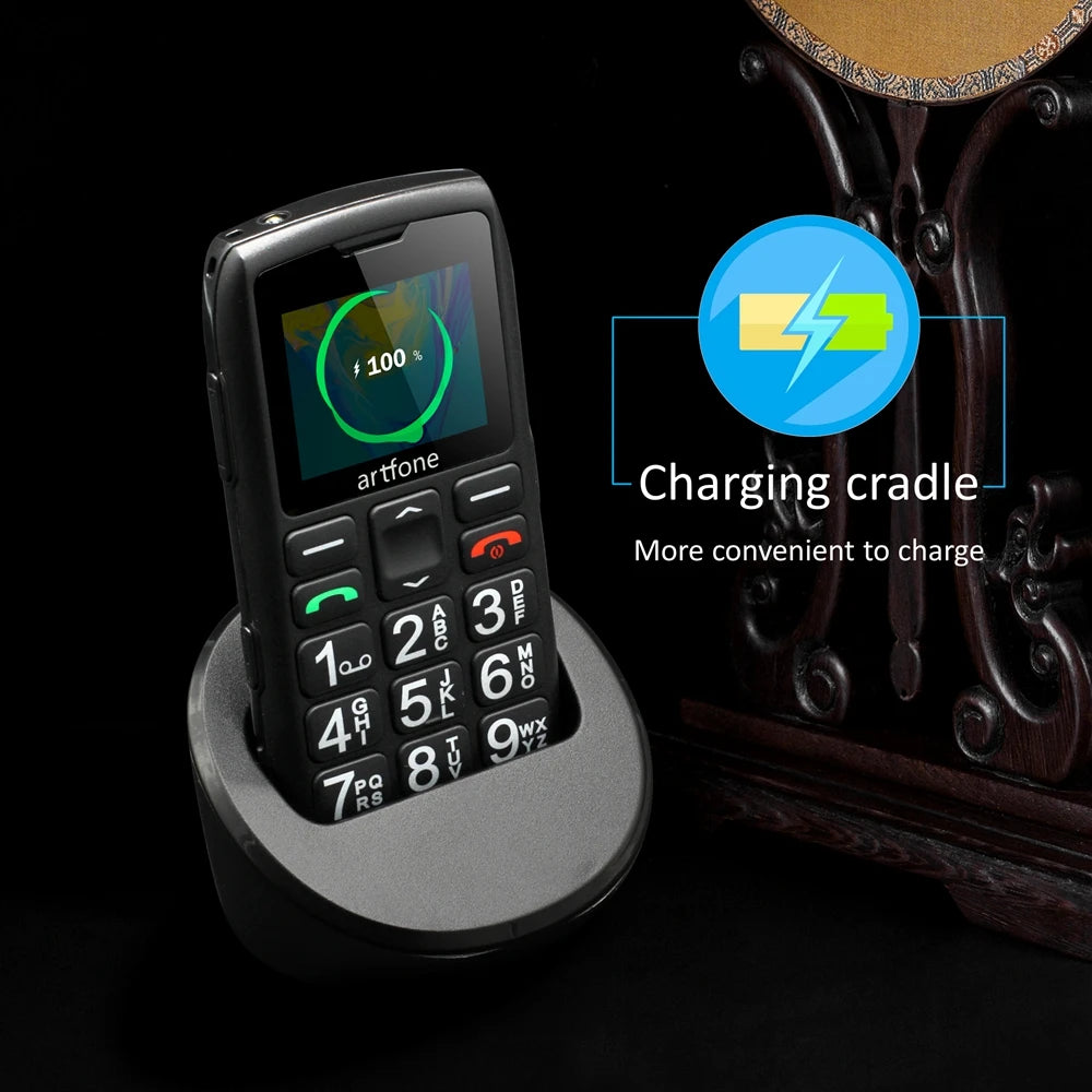Artfone C1+ Bar Senior Mobile Phone With Free Charging Dock  Big Rubber Keypad  For Elderly Dual Sim One Key SOS FM 1400mAh