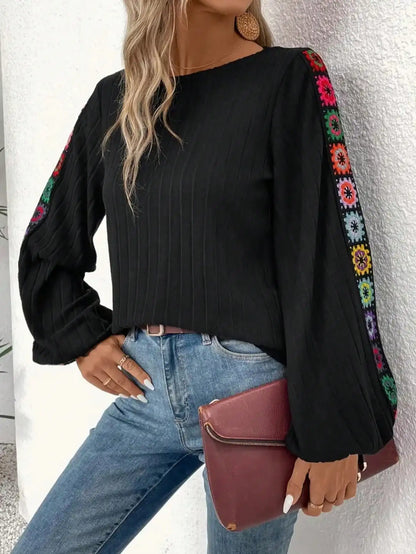 Plus Size  1XL-5XL Women Long Sleeve Breathable Semi-Sheer T-Shirt Women Fashion Elegant V-Neck Lace Cut-Out T-Shirt