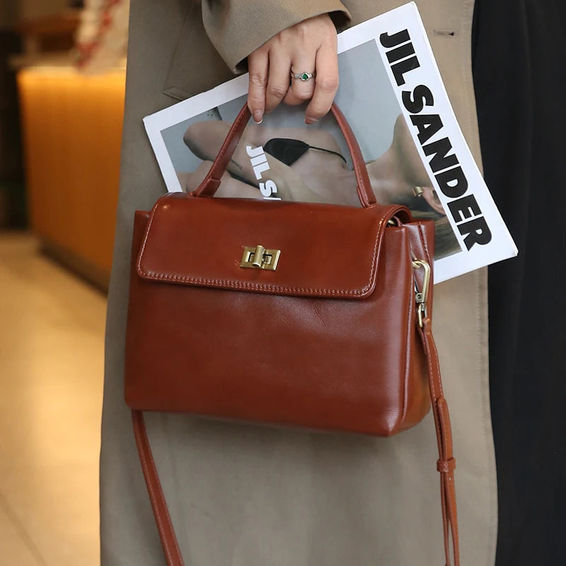 Genuine Leather Top Handle Crossbody Bag for Women Vintage Oil Wax Leather Shoulder Bag Small Luxury Designer Satchel Handbag