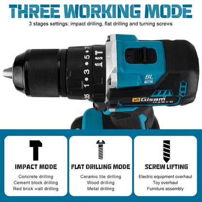 GIsam 13mm Electric Drill Brushless Impact Screwdriver Dual Speed 35+3 Torque Cordless Power Tool for Makita 18V Battery Pins