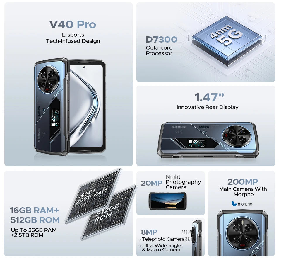Global Version DOOGEE V40 Pro 5G Rugged Phone 6.78" Display 16GB+512GB Dimensity 7300 200MP AI Camera 8680mAh 33W Fast Charger