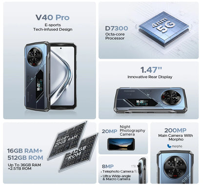 Global Version DOOGEE V40 Pro 5G Rugged Phone 6.78" Display 16GB+512GB Dimensity 7300 200MP AI Camera 8680mAh 33W Fast Charger