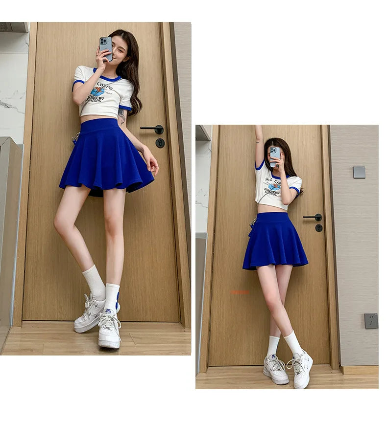 Summer Basic Skirts Women Shorts Mini Elastic Pleated Skirts High Waist Bubble Sun Skirts School Girl Uniform Lined Safety Pants