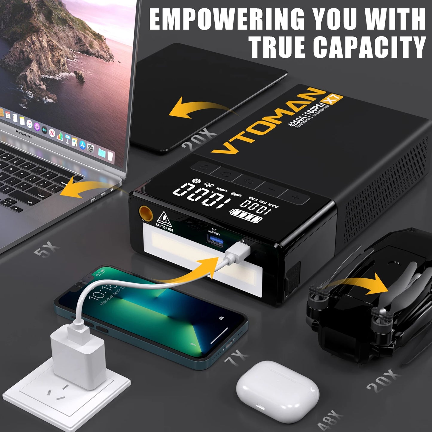 VTOMAN X7 4-in-1 Car Jump Starter 4250A - 160 PSI Air Compressor, 12V Car Battery Booster & Portable Power Bank