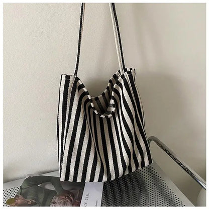 Large Capacity Canvas Women Shopper Tote Simple Striped Shoulder Bag Female Casual Multifunctional Travel Top-handle Handbag