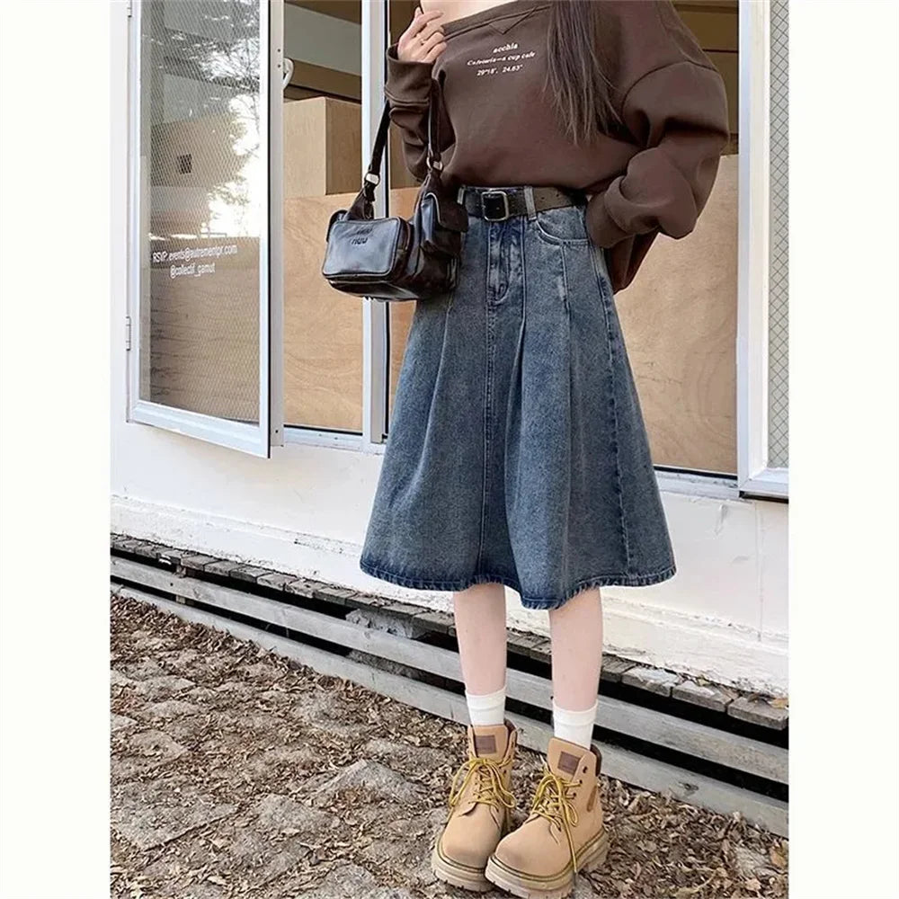 Summer Trendy Designer Lady High Waist Jeans Pleated Skirt Women Fashion Vintage Denim Skirts Girls Korean Casual Midi Skirts