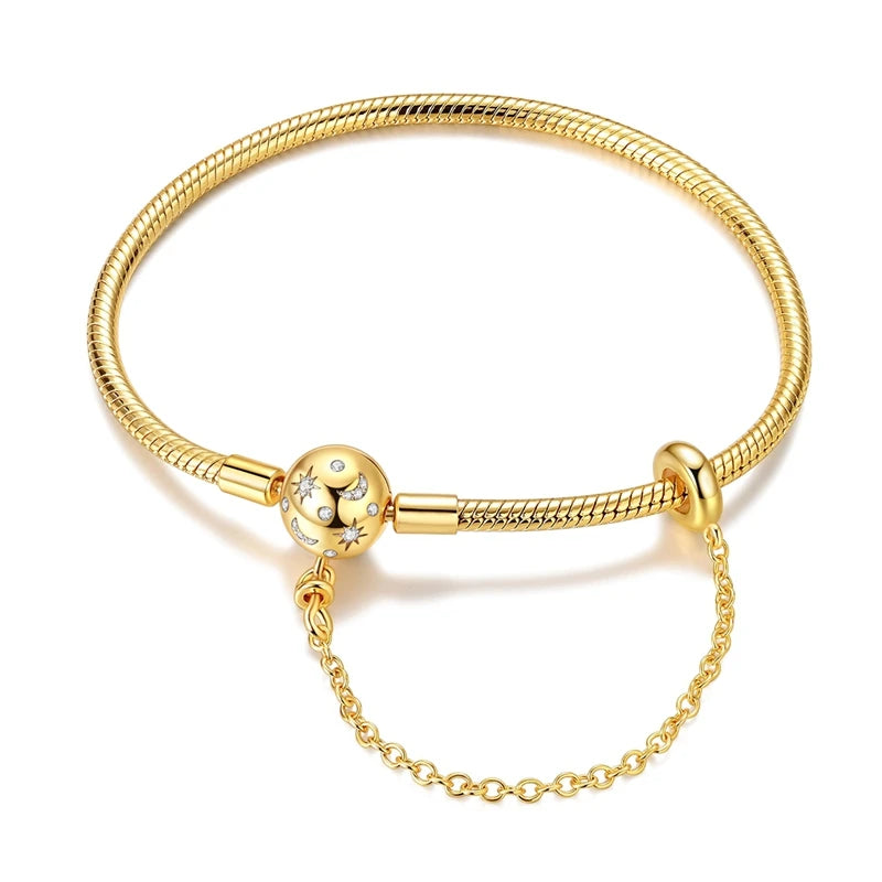 Original Bracelet 925 Sterling Silver Charm Bracelet 17-20CM Golden Heart Love Key Clover Bracelet Bangle Women Jewelry Gift