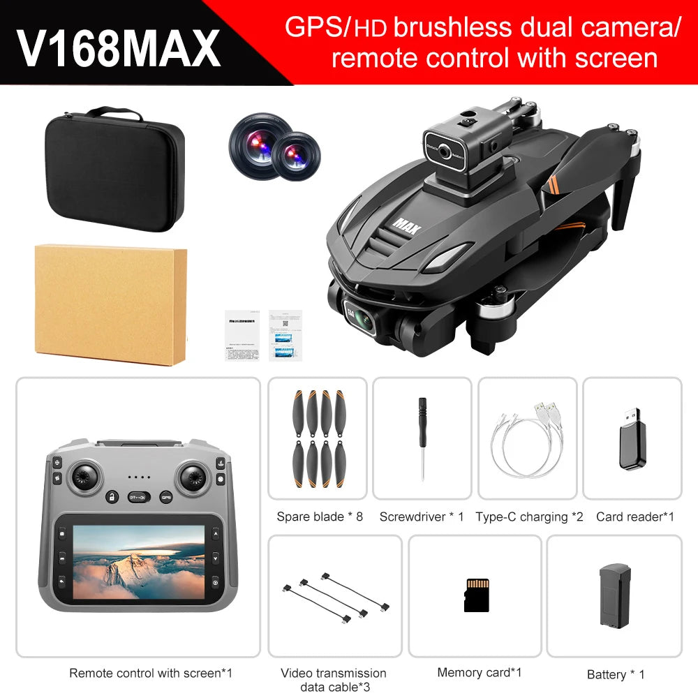 V168 MAX GPS Drone Professional 4K Dual Camera Brushless Obstacle Avoidance Security Drones with Large Screen Control Quadcopter