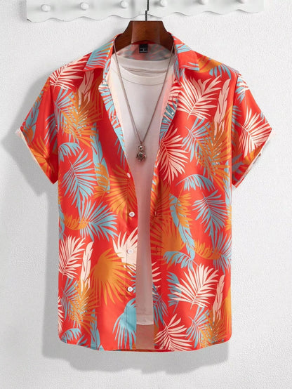 Hawaiian Botanical Flower Print Men's and Women's Short Sleeve Lapel Seaside Button-Down Shirt Top Casual Fashionable Shirts