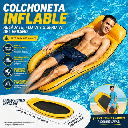 Inflatable adult floating mat 178x94cm integrated headrest breathable mesh durable PVC max load 110kg safety valve pool beach lake easy to inflate foldable summer
