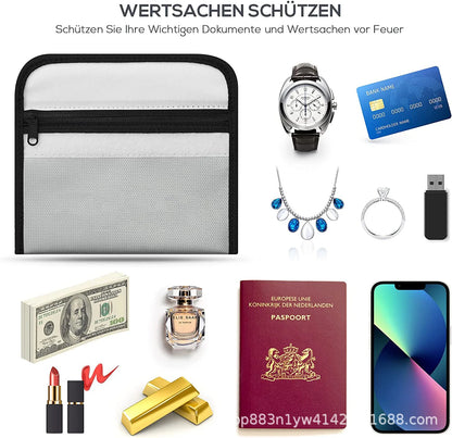 Bisofice Fireproof Document Bag Zipper Closure Cash Safe Storage Waterproof Pouch with Sticky Strip for Certificates Money Cards