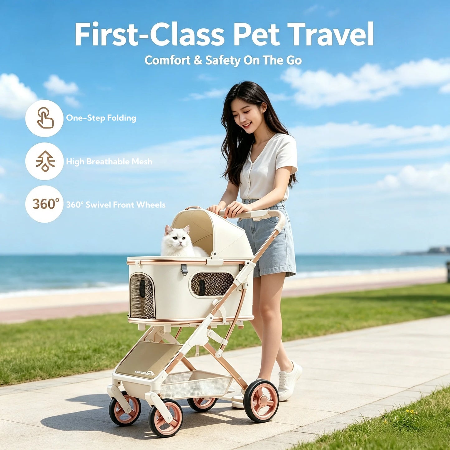 Aluminum Alloy Lightweight Pet Stroller Detachable Carrier One-Click Fold Shock Absorb Dog Cat Outdoor Travel Cart Wholesale