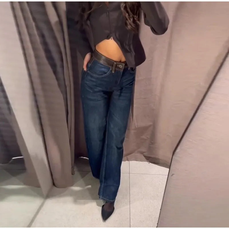 Female Vintage Leather Pocket Jeans Women Blue Zipper Straight Loose Trousers Lady New Fashion Daily Casual Spring Pants 2026