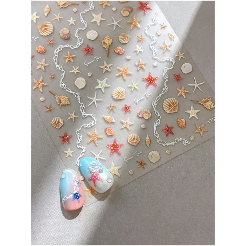 Shell Light Starfish Shell Nail Stickers Cute Starfish Decorative Stickers For Nails DIY 3D Self Adhesive Summer Manicure Decals