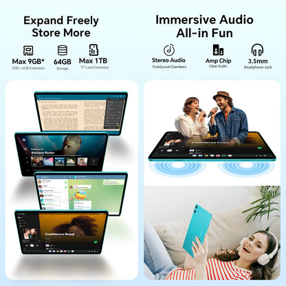 Teclast P33 Android 15 Tablet, 10.1 Inch IPS, Allwinner A333, 9GB(3GB+6GB) RAM 64GB ROM (Expandable 1TB), WiFi 6, 6000mAh, 5MP Camera, Metal Body, Tablet PC